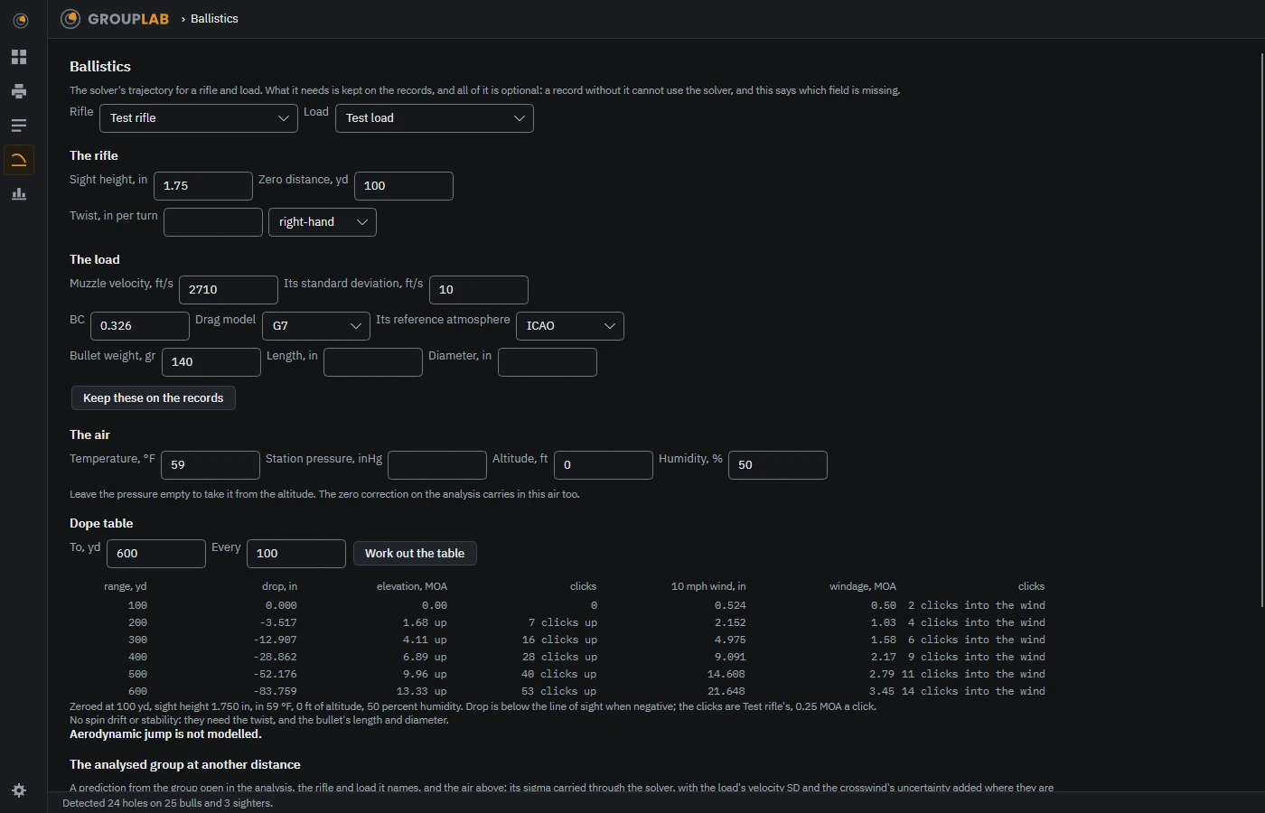 The ballistics screen