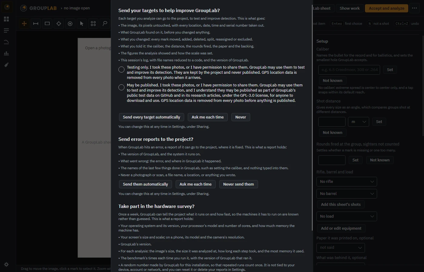 The first run in GroupLab: The first time GroupLab opens it asks three questions: whether to send your targets, whether to send error reports, and whether to take part in the hardware survey.