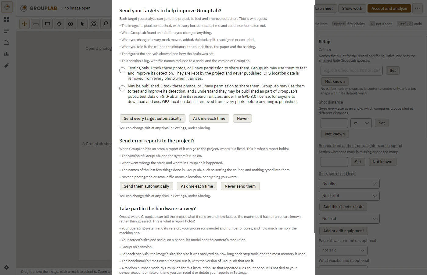 The first run in GroupLab: The first time GroupLab opens it asks three questions: whether to send your targets, whether to send error reports, and whether to take part in the hardware survey.