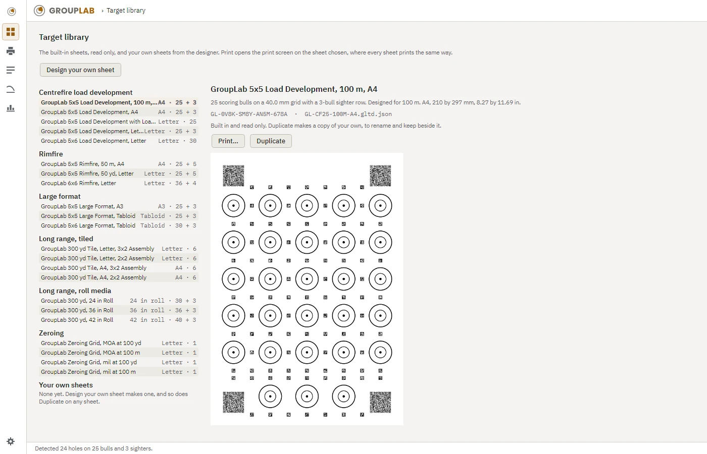 The target library listing the built-in sheets by family