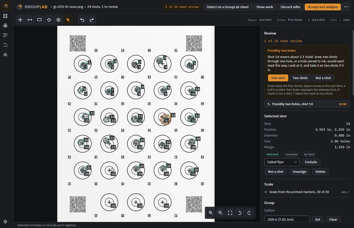 The marking screen with every detected hole numbered to its bull and one shot raised for review