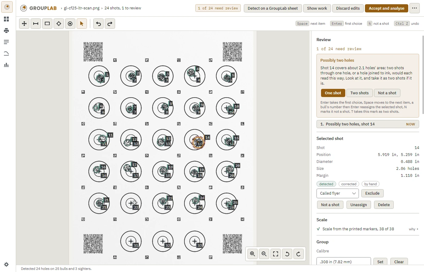 The marking screen with every detected hole numbered to its bull and one shot raised for review