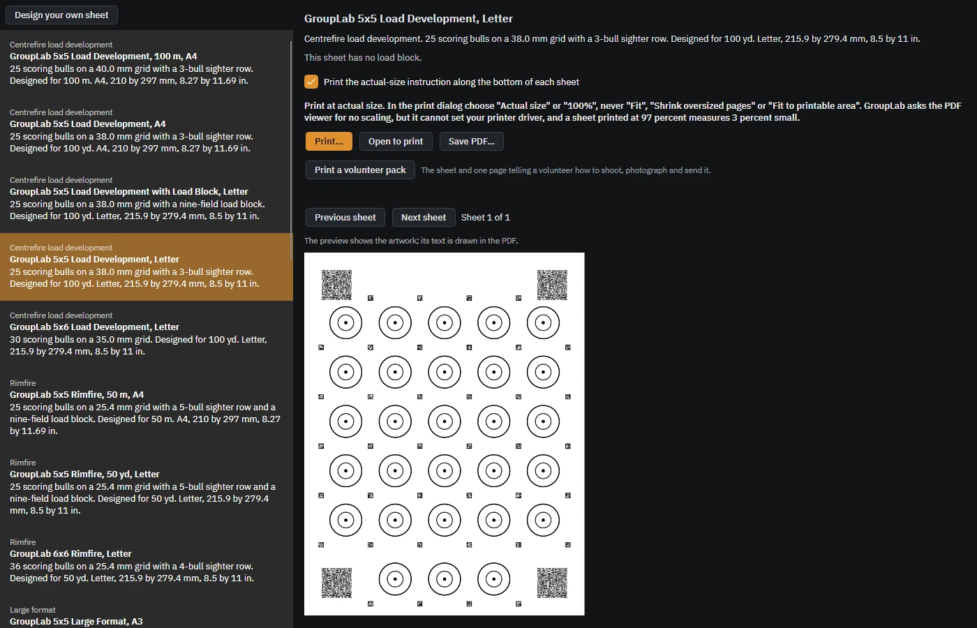 The print screen with a sheet preview and the load block fields
