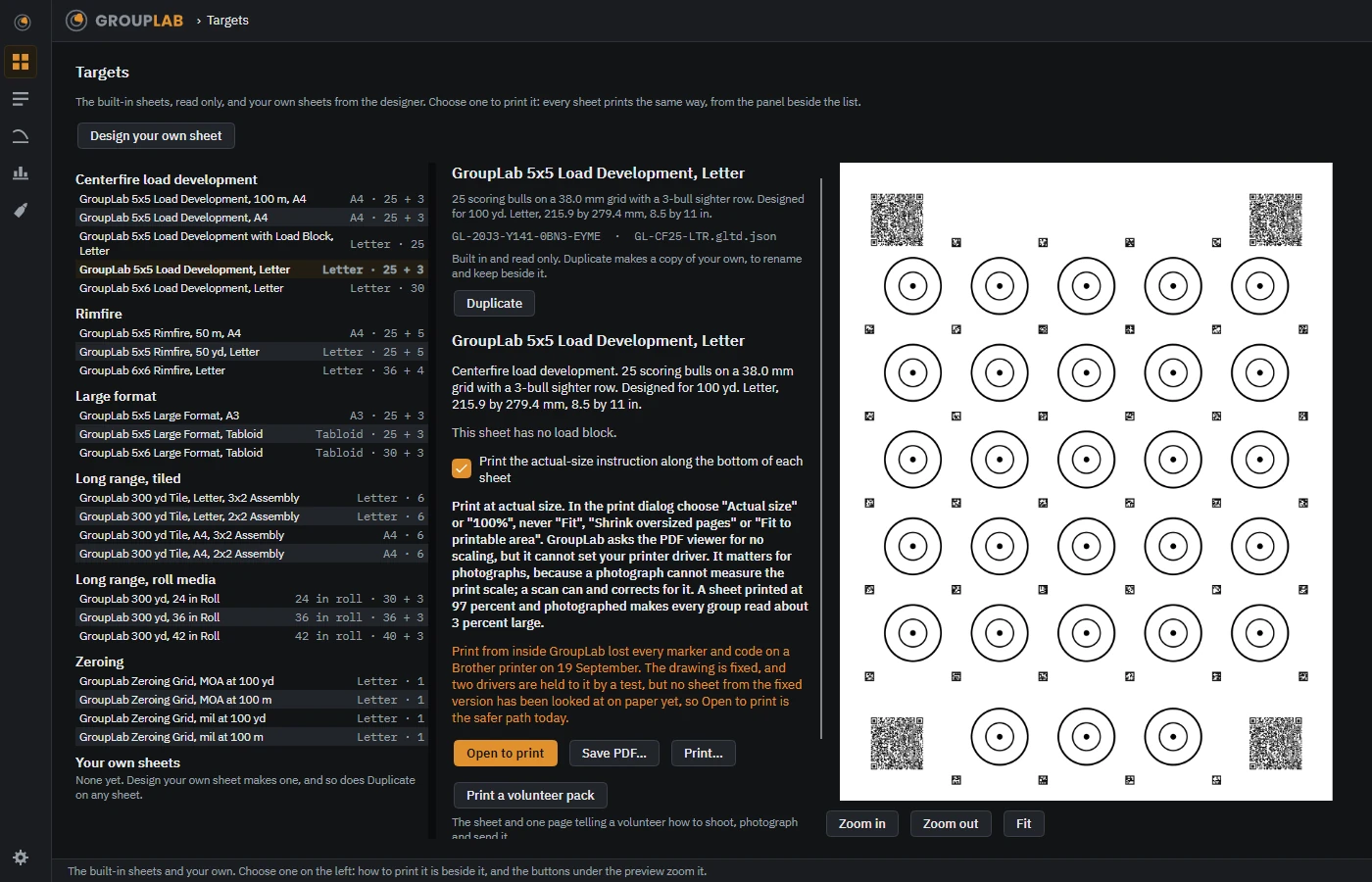 Targets in GroupLab: The twenty sheets GroupLab comes with and any you design, grouped by what they are for, and everything it takes to print the one you choose, on one screen.