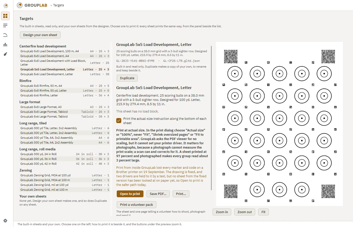 Targets in GroupLab: The twenty sheets GroupLab comes with and any you design, grouped by what they are for, and everything it takes to print the one you choose, on one screen.