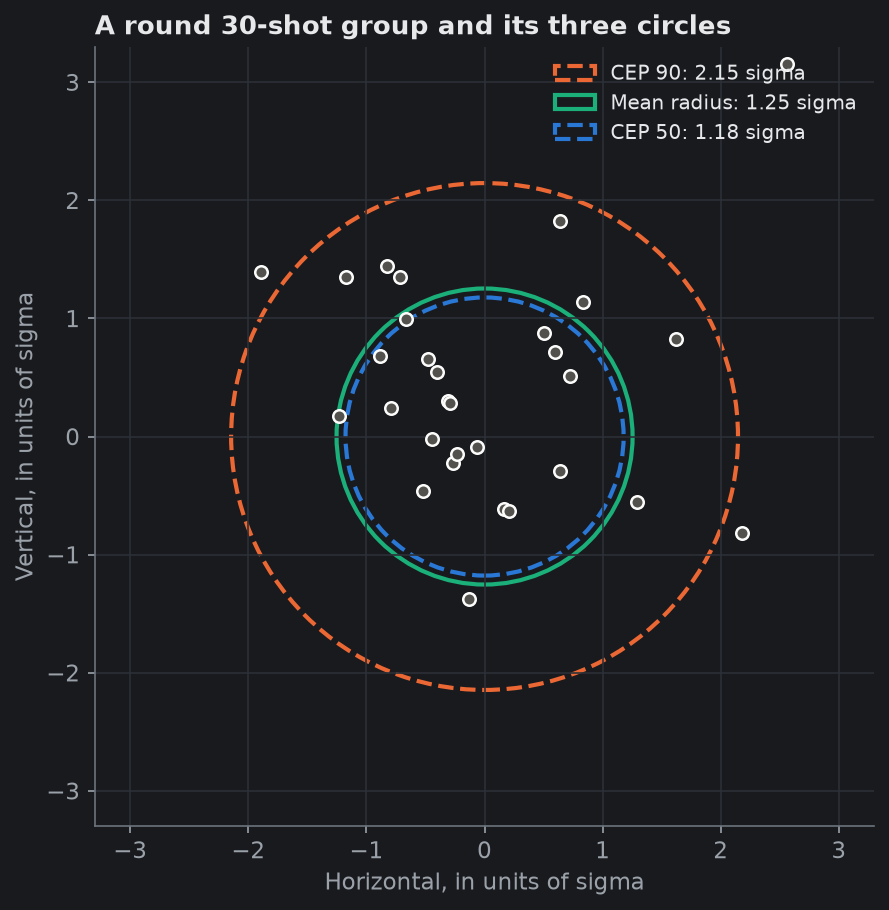 A round 30-shot group with its three circles